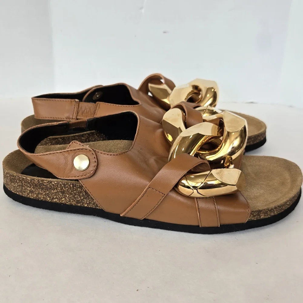 J.W. Anderson Brown Leather Gold Chain - Link Sandals